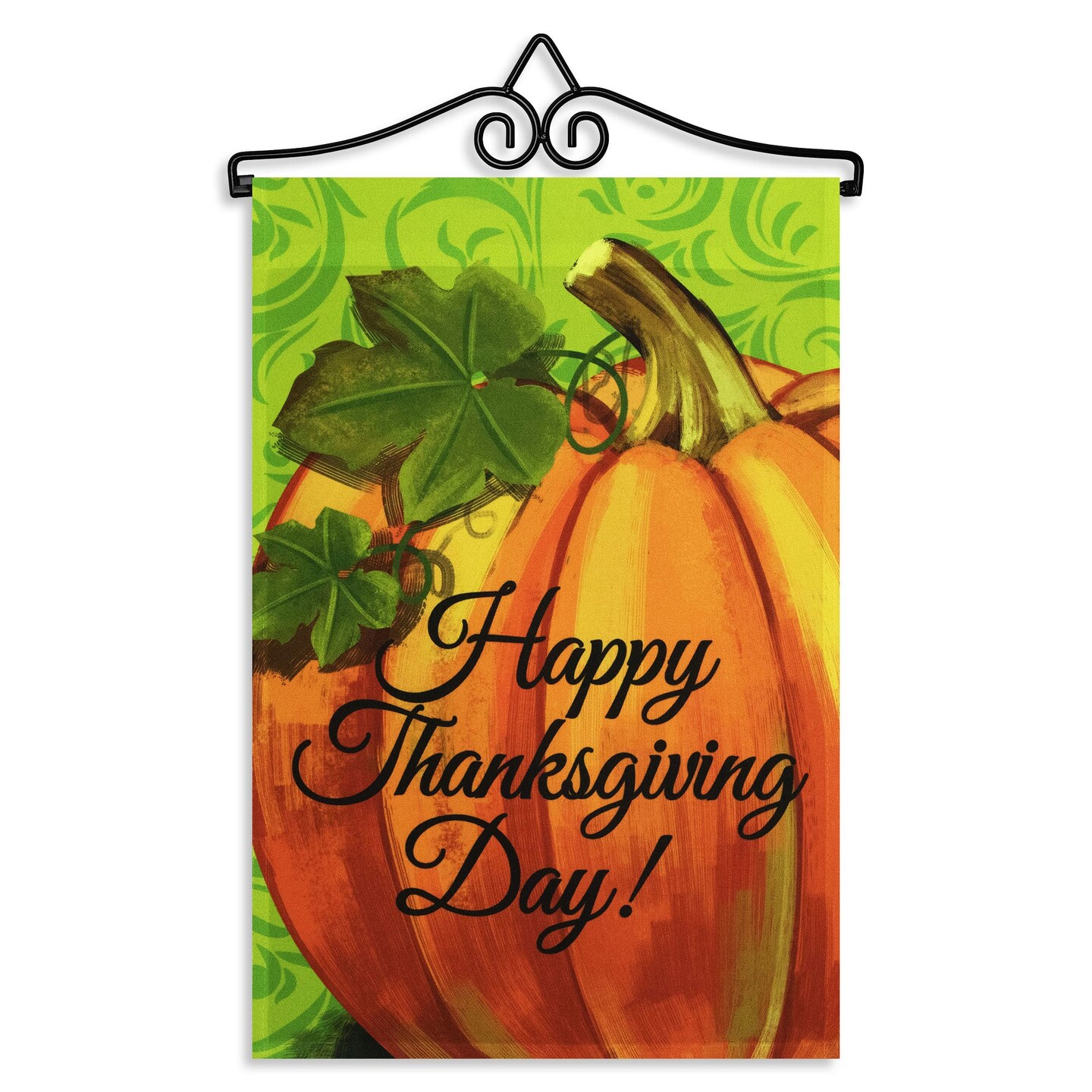 G128 Combo Pack Garden Flag Hanger 14IN &#x26; Garden Flag Happy Thanksgiving Pumpkin Green BG 12x18IN Printed 150D Polyester