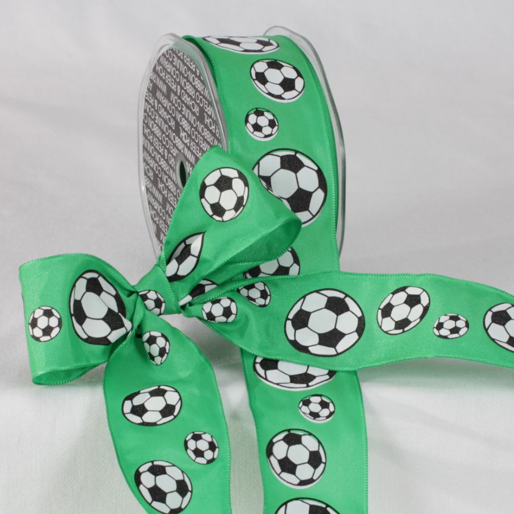 The Ribbon People Green and White Football Printed Wired Craft Ribbon 1.5" x 27 Yards