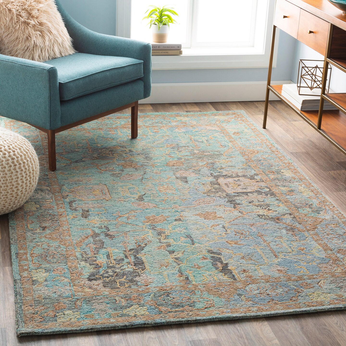 Tiwari Home 8&#x27; x 10&#x27; Transitional Style Aqua Blue and Brown Rectangular Area Throw Rug