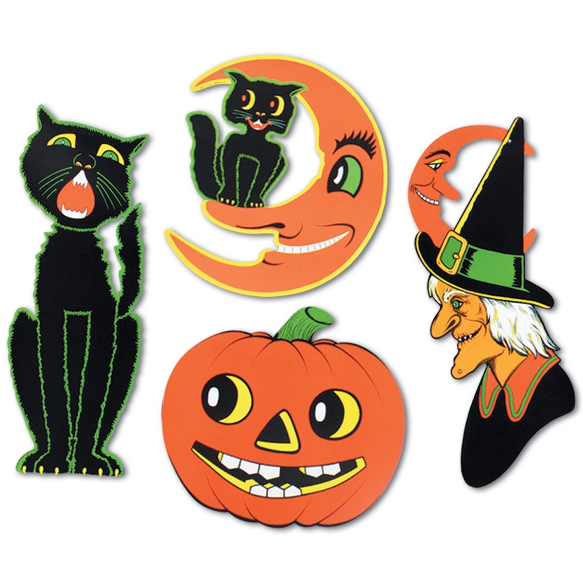 Beistle Club Pack of 48 Halloween Black Cat, Witch, Cat &#x26; Moon and Pumpkin 2 Sided Design Cutout Decorations