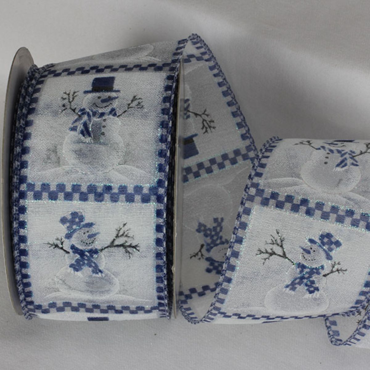 The Ribbon People Blue and White Checkered Snowmen Wired Craft Ribbon 2.5&#x22; x 20 Yards