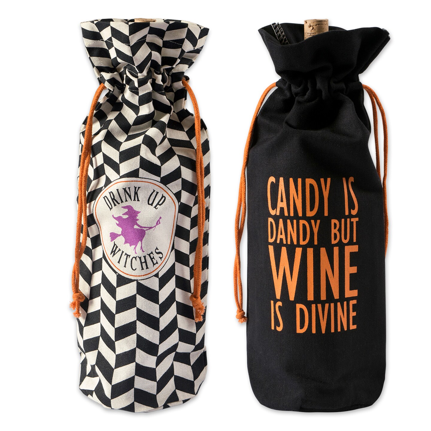 Contemporary Home Living Set of 2 Black and Orange Halloween Theme Wine Bags 14&#x22;