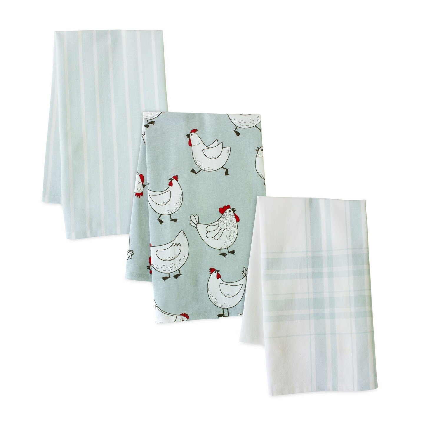 Melrose Chicken, Plaid and Striped Kitchen Tea Towels - 28&#x22; - Mint and White - Set of 3
