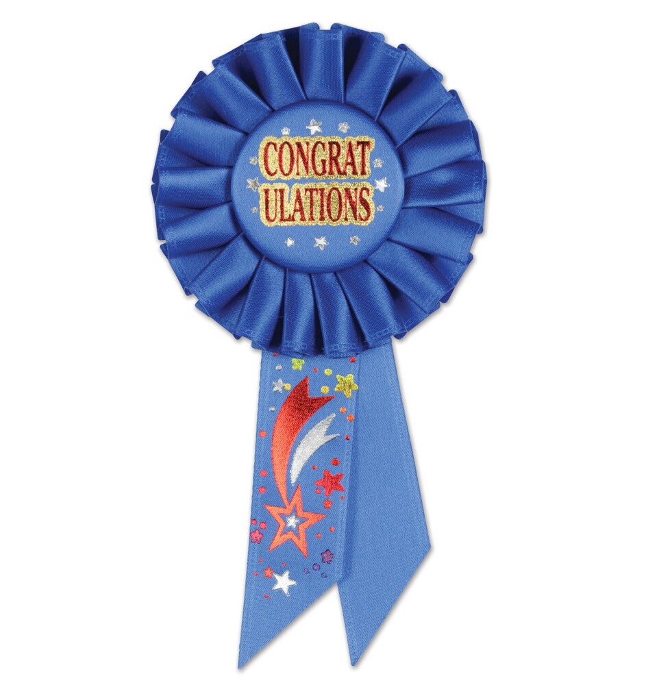 Beistle Pack of 6 Royal Blue and Red &#x22;Congratulations&#x22; Celebration Party Rosette Ribbons 6.5&#x22;