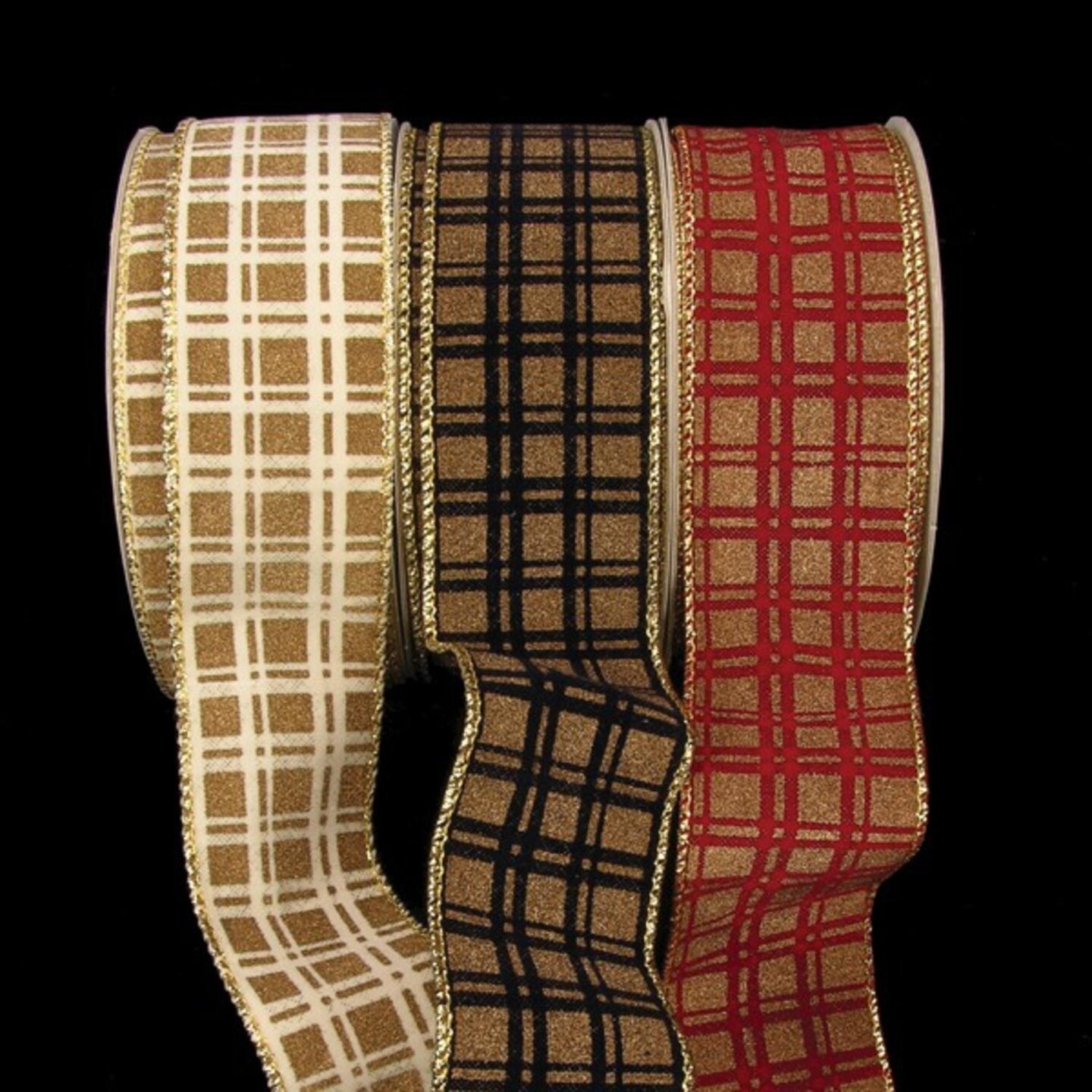 The Ribbon People Cream Velvet with Gold Glitter Plaid Wired Craft Ribbon 2&#x22; x 40 Yards
