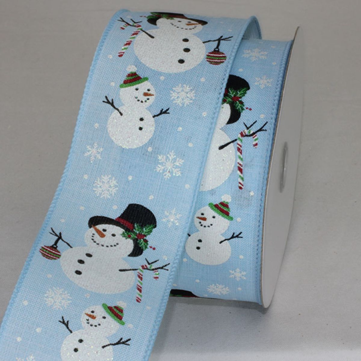 The Ribbon People Ice Blue and White Christmas Snowman Ribbed Wired Craft Ribbon 2.5&#x22; x 20 Yards