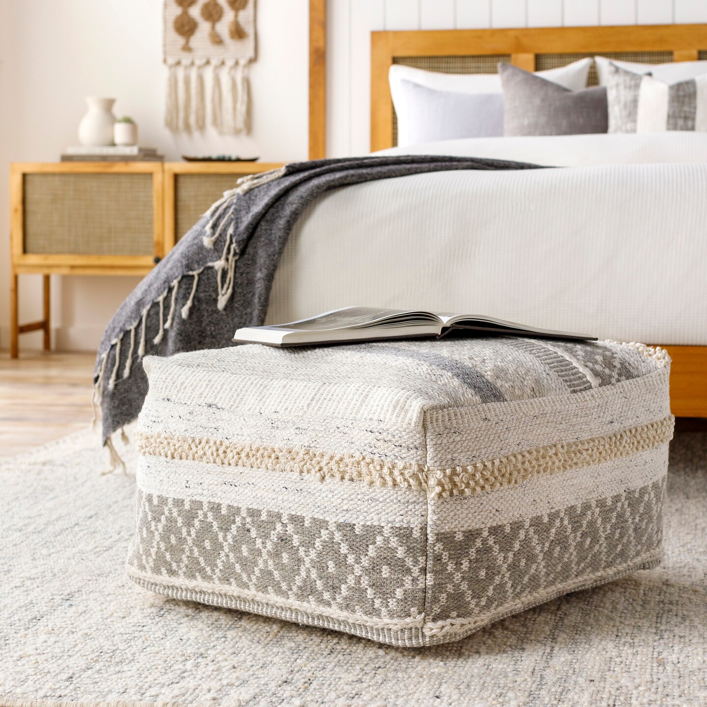 Tiwari Home 24" Ivory and Gray Bohemian Patterned Cube Pouf Ottoman with Knife Edge