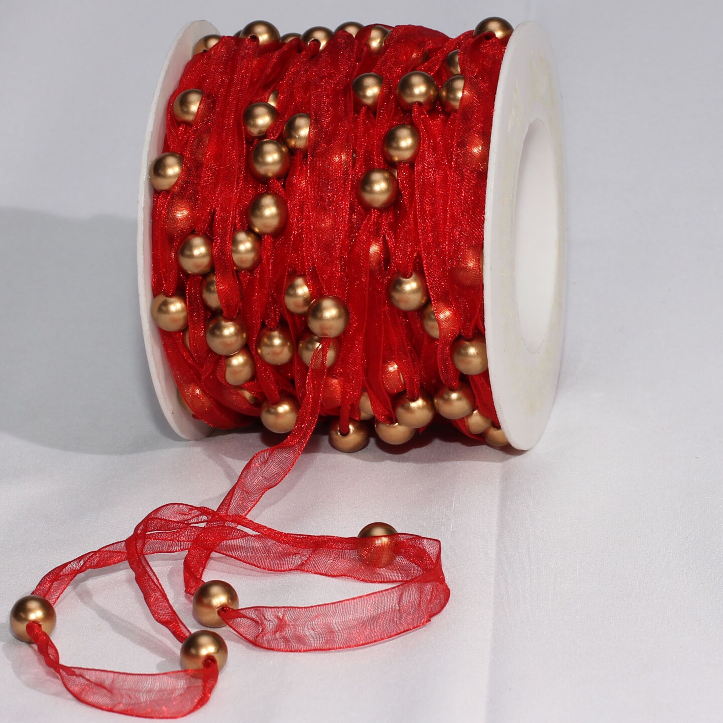 The Ribbon People Red Organdy Contemporary Craft Ribbon with Pearls 9.5&#x22; mm x 27 Yards