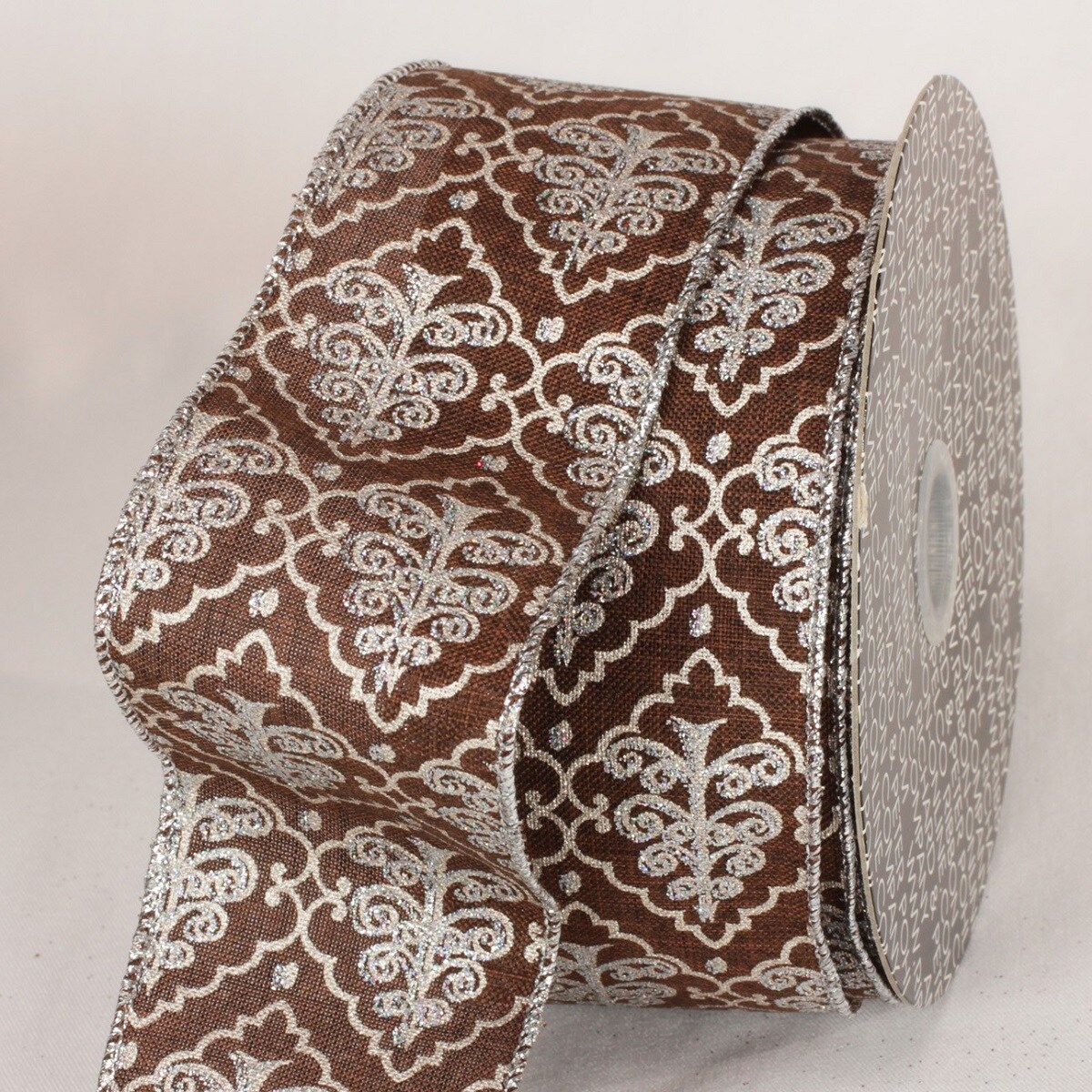 The Ribbon People Chocolate Brown and Silver Tree Design Wired Craft Ribbon 2.5&#x22; x 20 yards