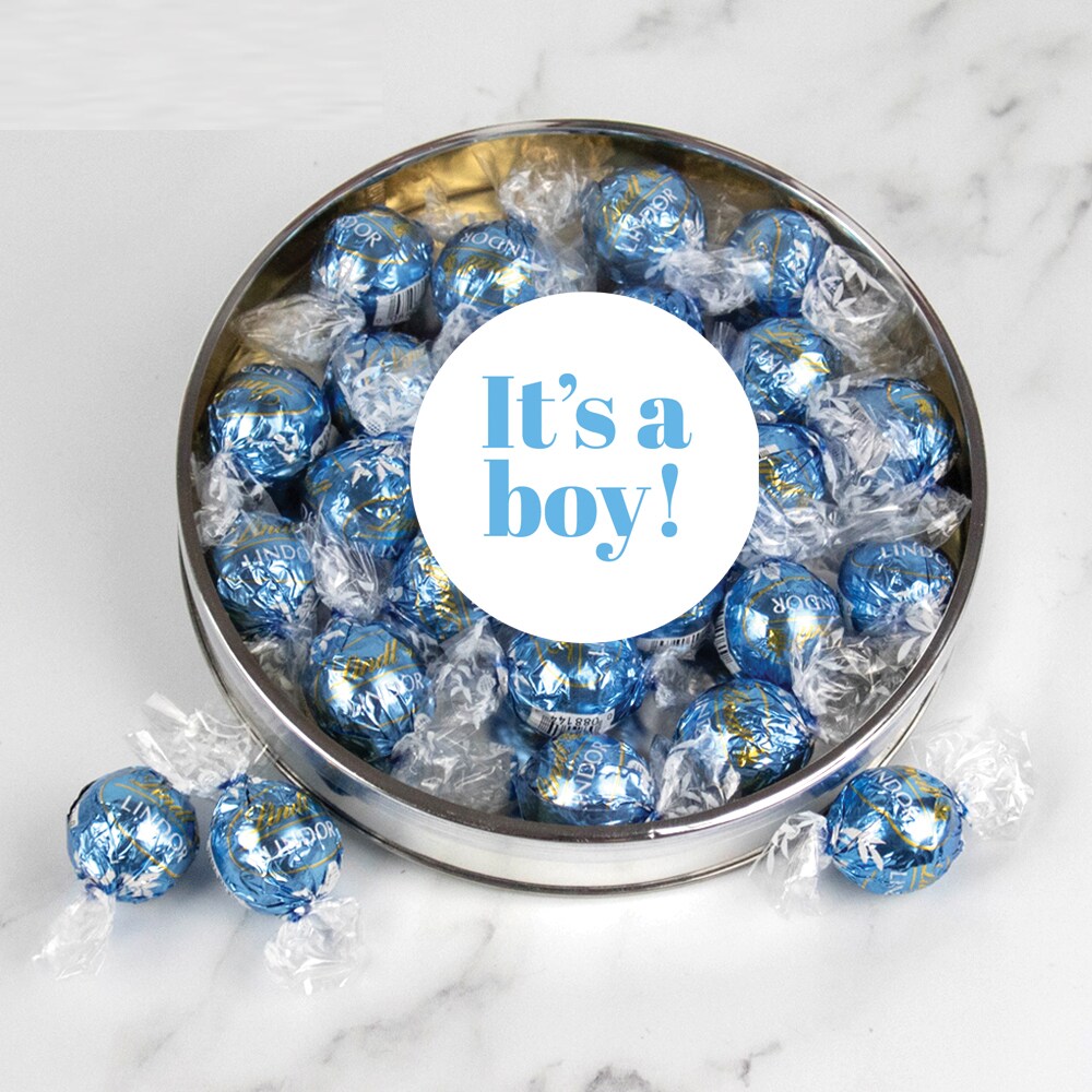 It&#x27;s a Boy Baby Shower Candy Gift Tin with Chocolate Lindor Truffles by Lindt Large Plastic Tin with Sticker - Stracciatella - By Just Candy