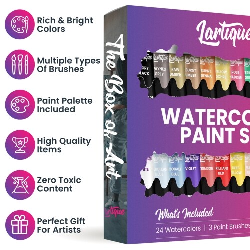 Lartique Watercolor Paint Set, 24 Color Liquid Watercolor Paint, with 3 Paint Brushes and Paint Palette