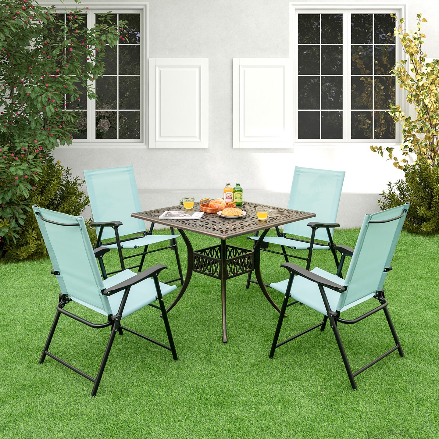 Costway Patio Folding Sling Back Chair Portable Armrests Metal Outdoor Dining Green
