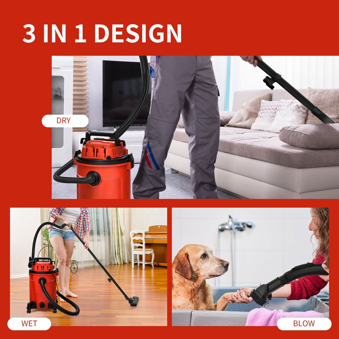 3 in 1 6.6 Gallon 4.8 Peak HP Wet Dry Vacuum Cleaner with Blower-Blue