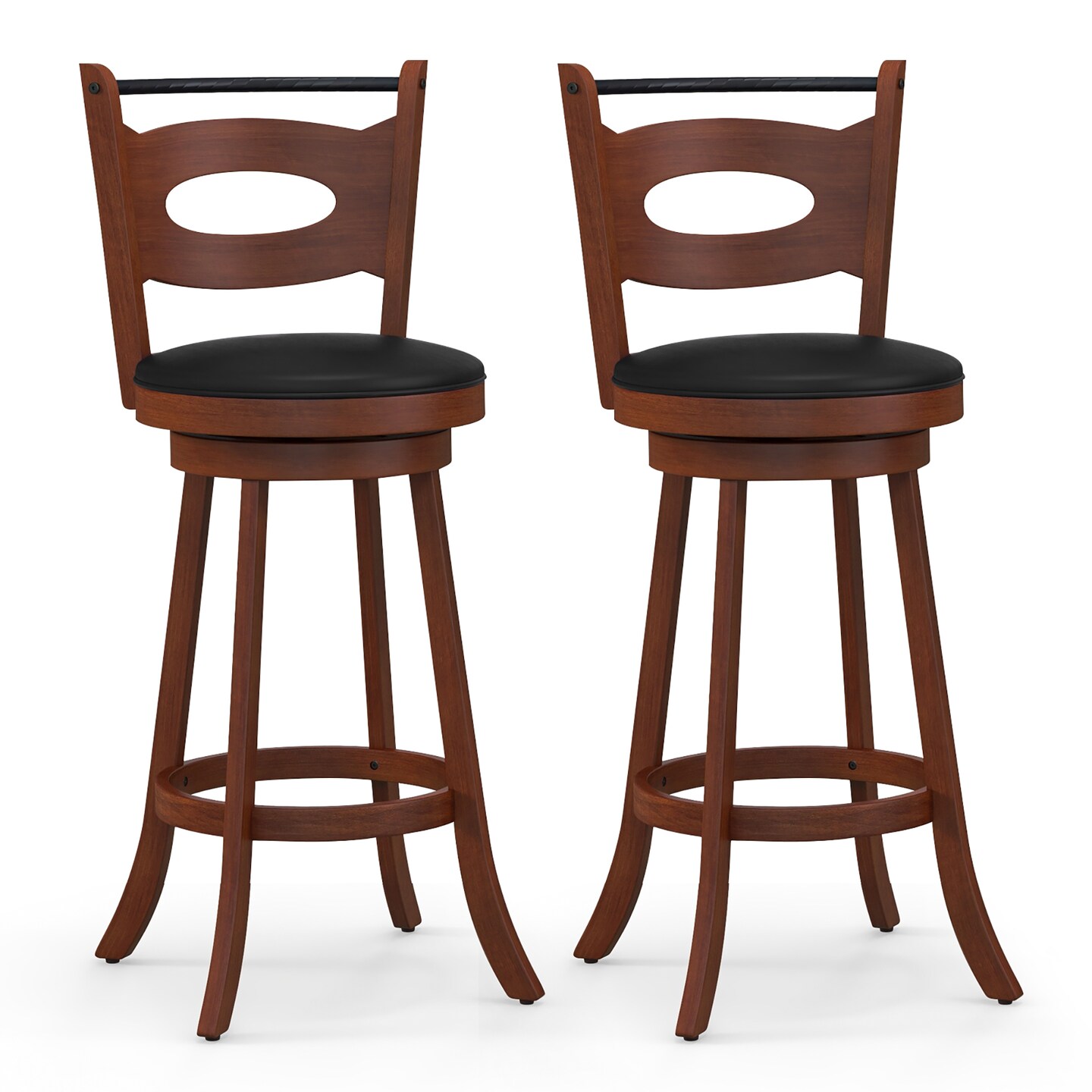 Costway Set of 2 Bar Stools 360&#xB0; Swivel Dining Chairs Solid Rubber Wood Leather Padded Seat Counter Height