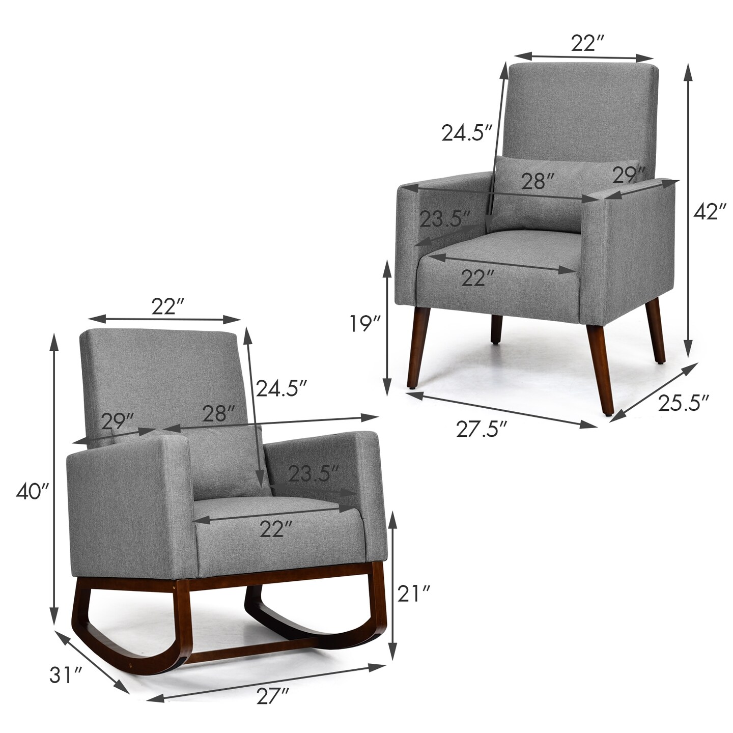 2-in-1 Fabric Upholstered Rocking Chair with Pillow