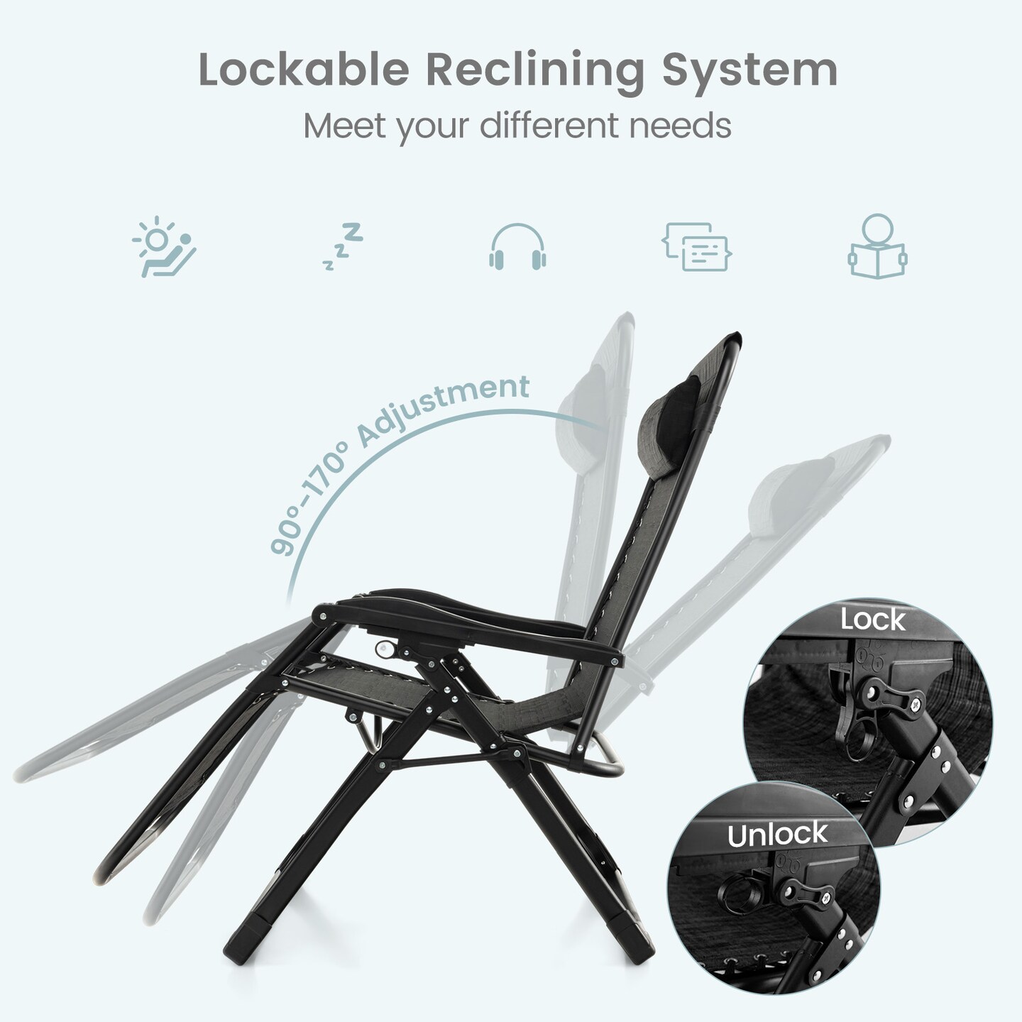 Adjustable Metal Zero Gravity Lounge Chair with Removable Cushion and Cup Holder Tray