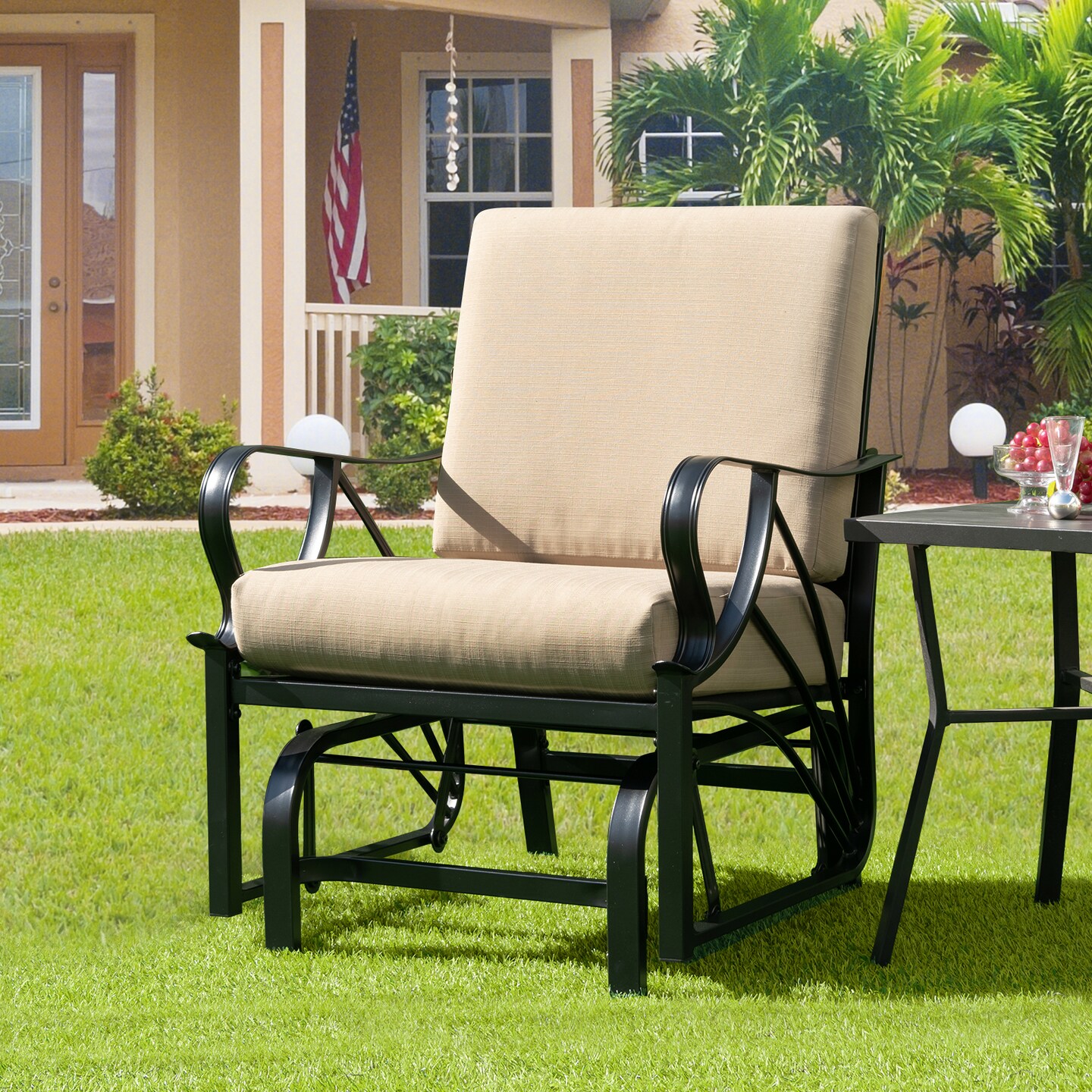 Tan Fabric Patio Glider Chair Outdoor Rocking Bench with High Back and Armrest