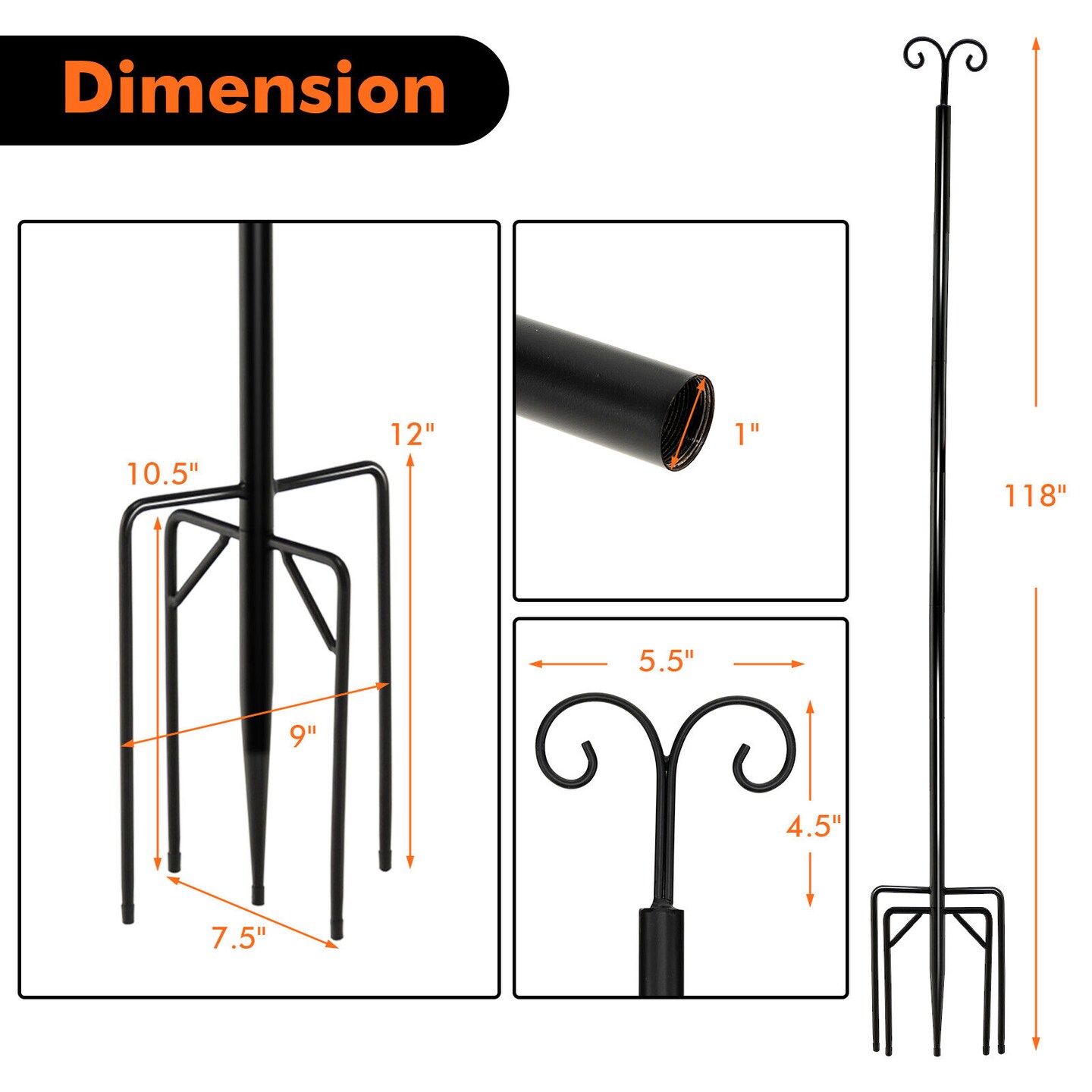 String Light Poles 2 Pack Outdoor Metal Poles with Top Arc Hook and 5-Prong Base