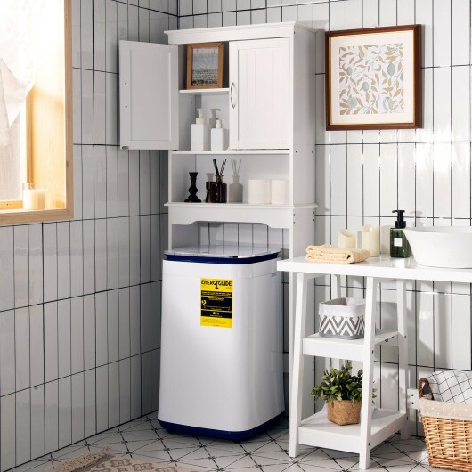 Over Toilet Storage Rack White 2-Door Cabinet Adjustable Shelf Bathroom