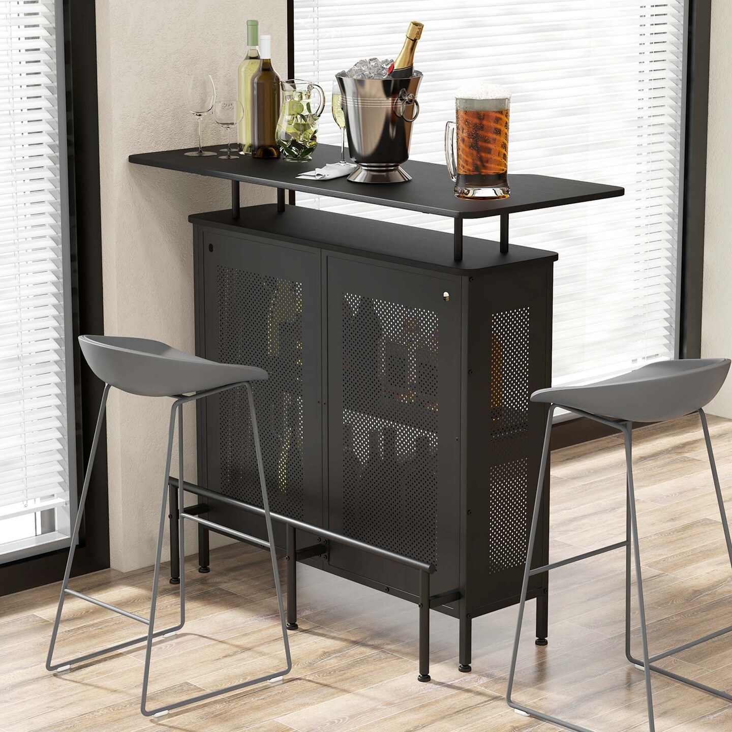 Costway 4-Tier Metal Home Bar Unit Liquor Bar Table with Storage Shelves &#x26; 6 Glass Holders