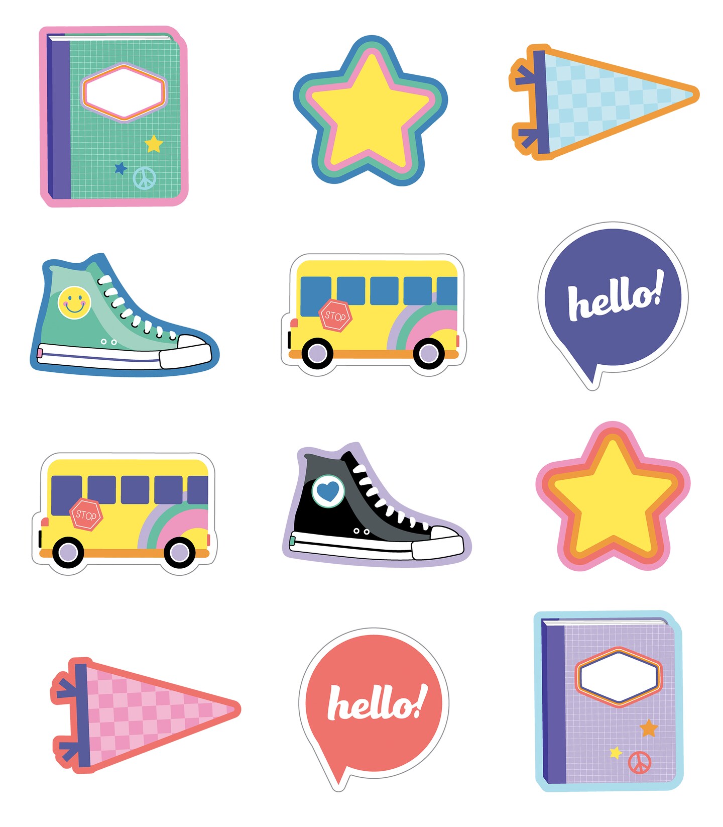 Carson Dellosa We Stick Together 36-Piece Retro Back to School Decorations, Bus, Stars, Notebooks, and More Groovy Cutouts for Bulletin Board and Classroom Decor