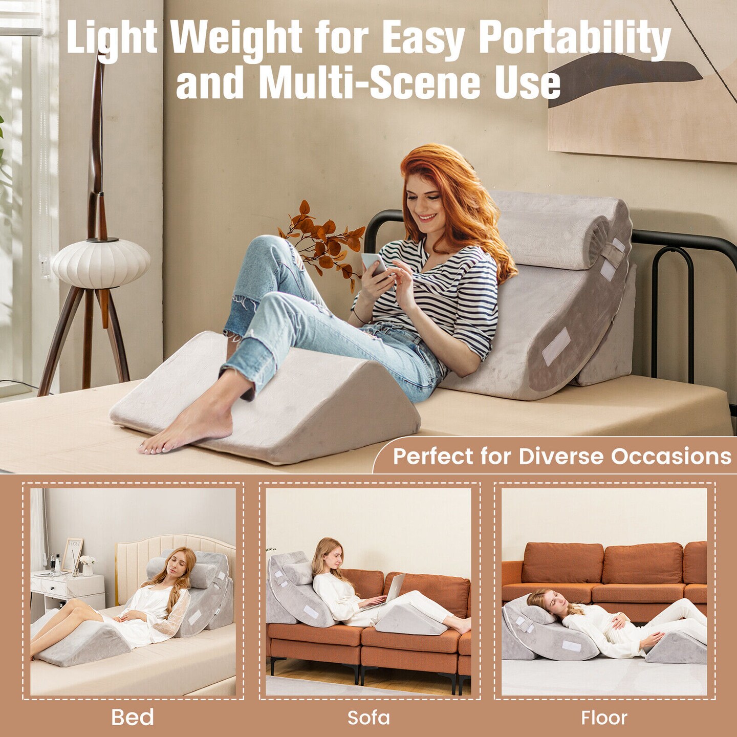 Grey Wedge Pillow Set Memory Foam Multifunctional Back Neck Knee Support