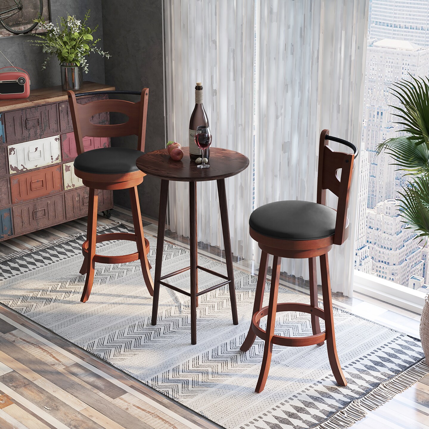 Costway Set of 2 Bar Stools 360&#xB0; Swivel Dining Chairs Solid Rubber Wood Leather Padded Seat Counter Height