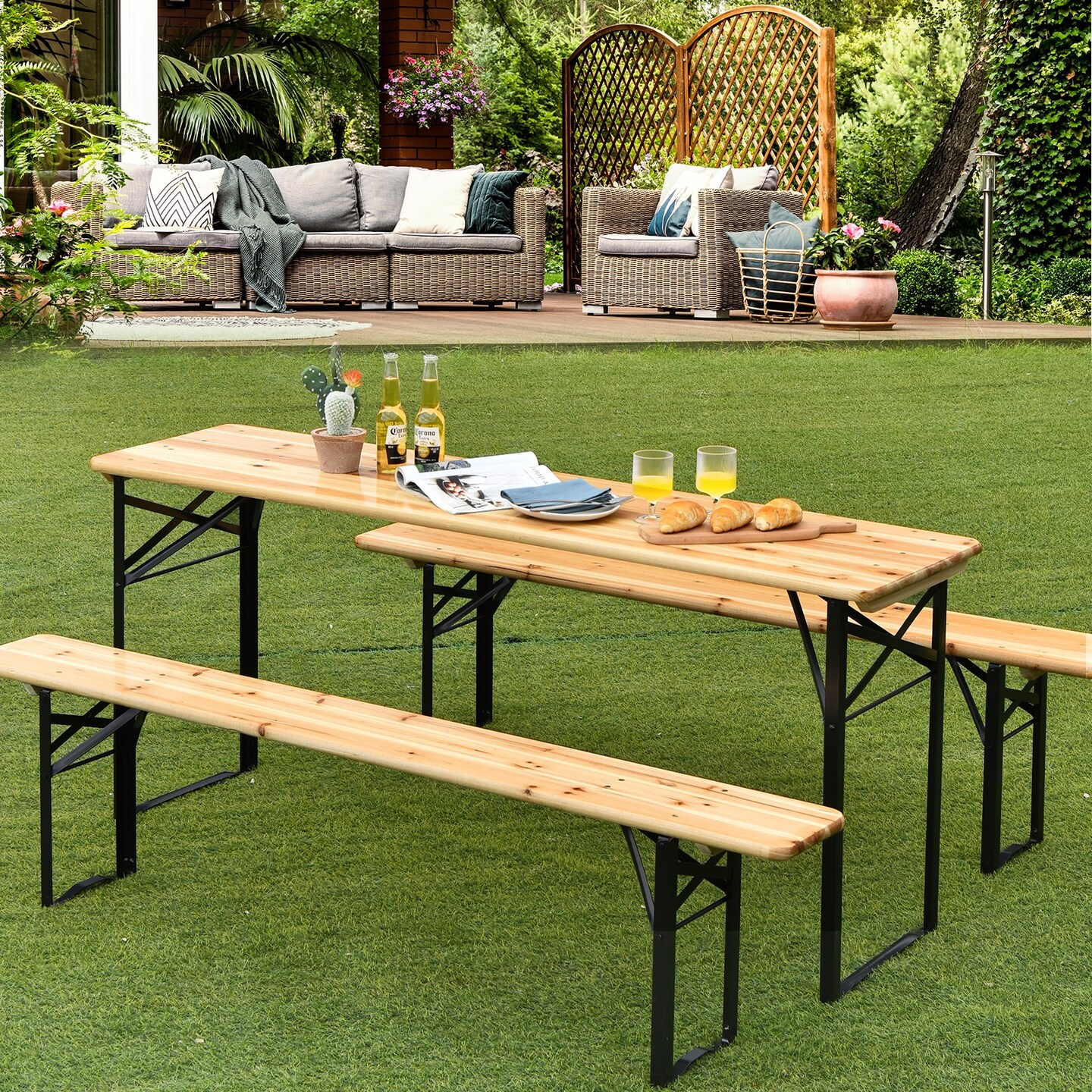 Natural Wood Beer Table Set 3-Pcs Folding Picnic Table 2 Benches Iron Frame