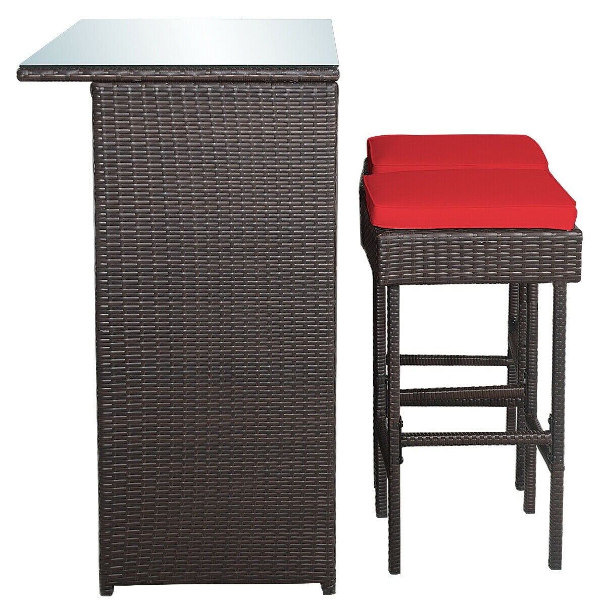 3-piece Rattan Wicker Bar Table Stools Dining Set Cushioned Chairs