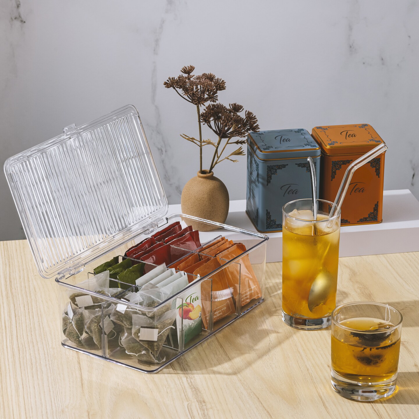Sorbus 2 Pack Tea Bag Organizer Bins with Lids & 4 Removable Dividers