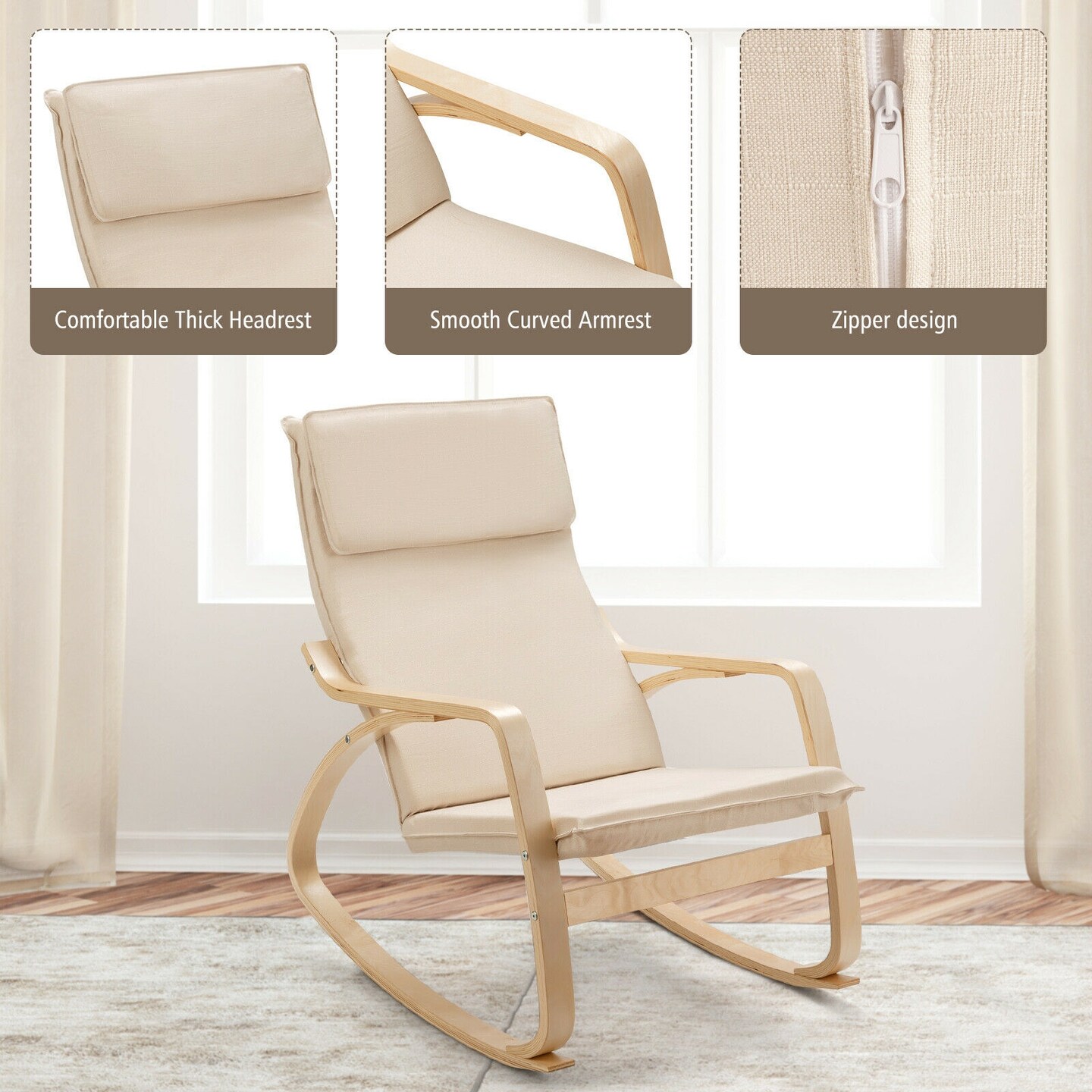 Modern Bentwood Rocking Chair Fabric Upholstered Relax Rocker Lounge Chair