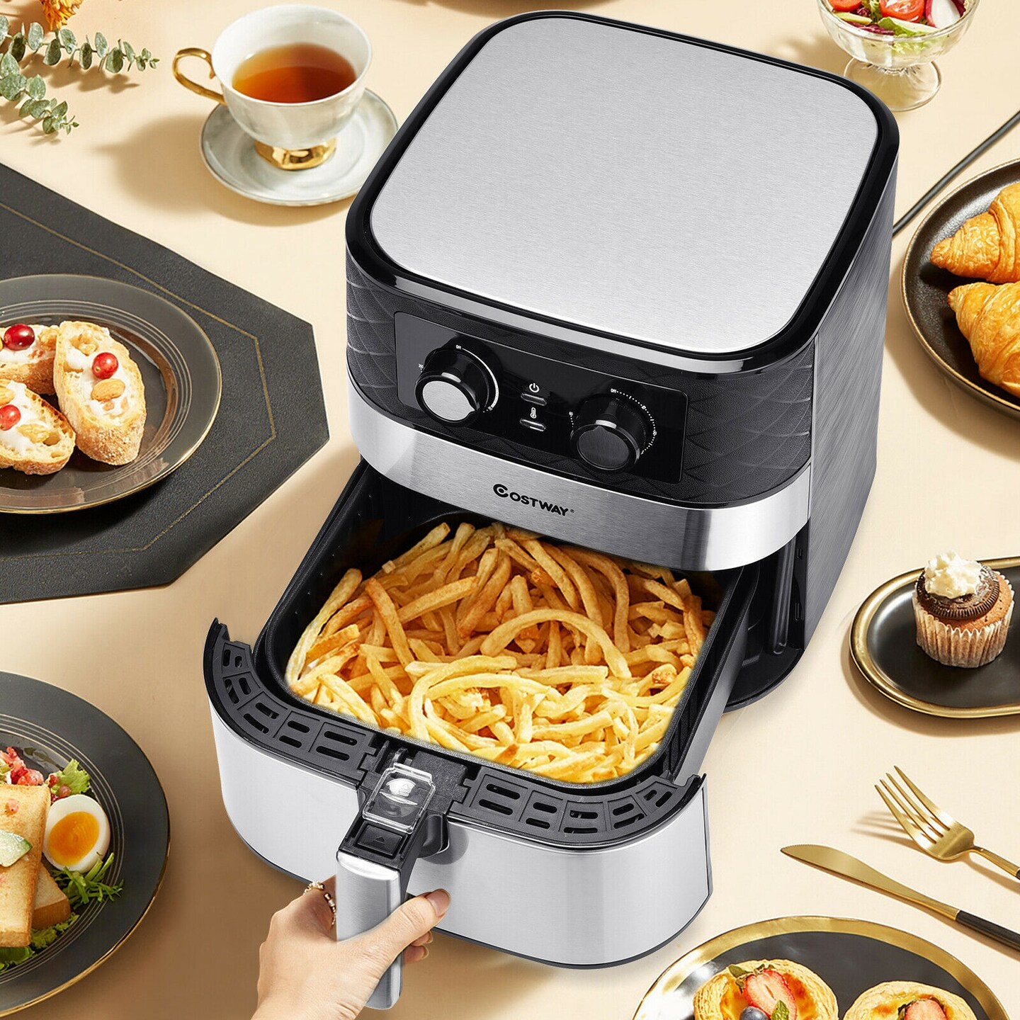 Electric Hot Air Fryer with Stainless steel and Non-Stick Fry Basket-Black