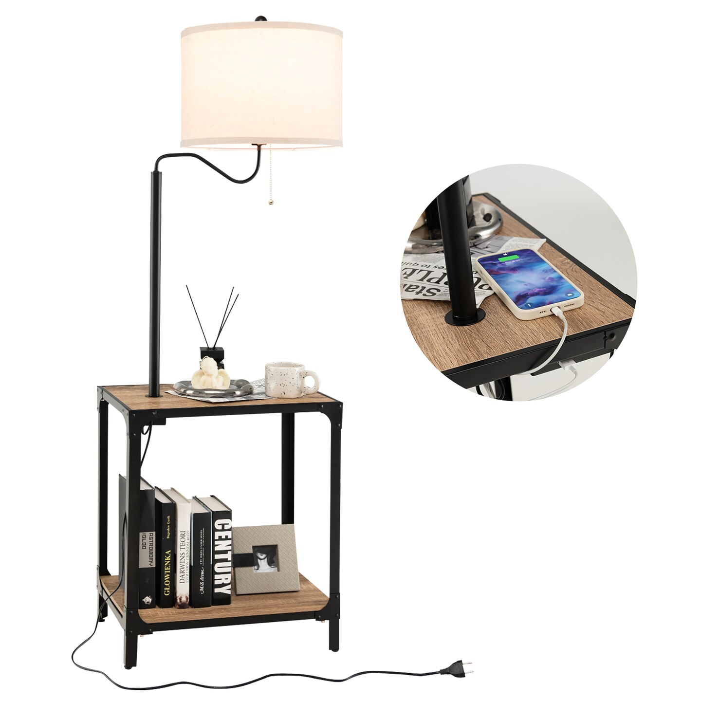 Costway Floor Lamp with End Table and USB Charging Ports 360&#xB0; Rotatable Lamp Arm