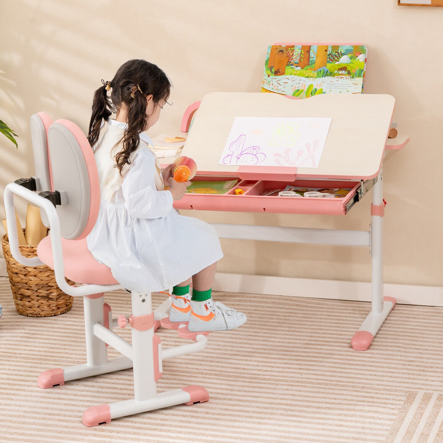 Ergonomic Height-adjustable Kids Study Chair with Double Back Support-Pink