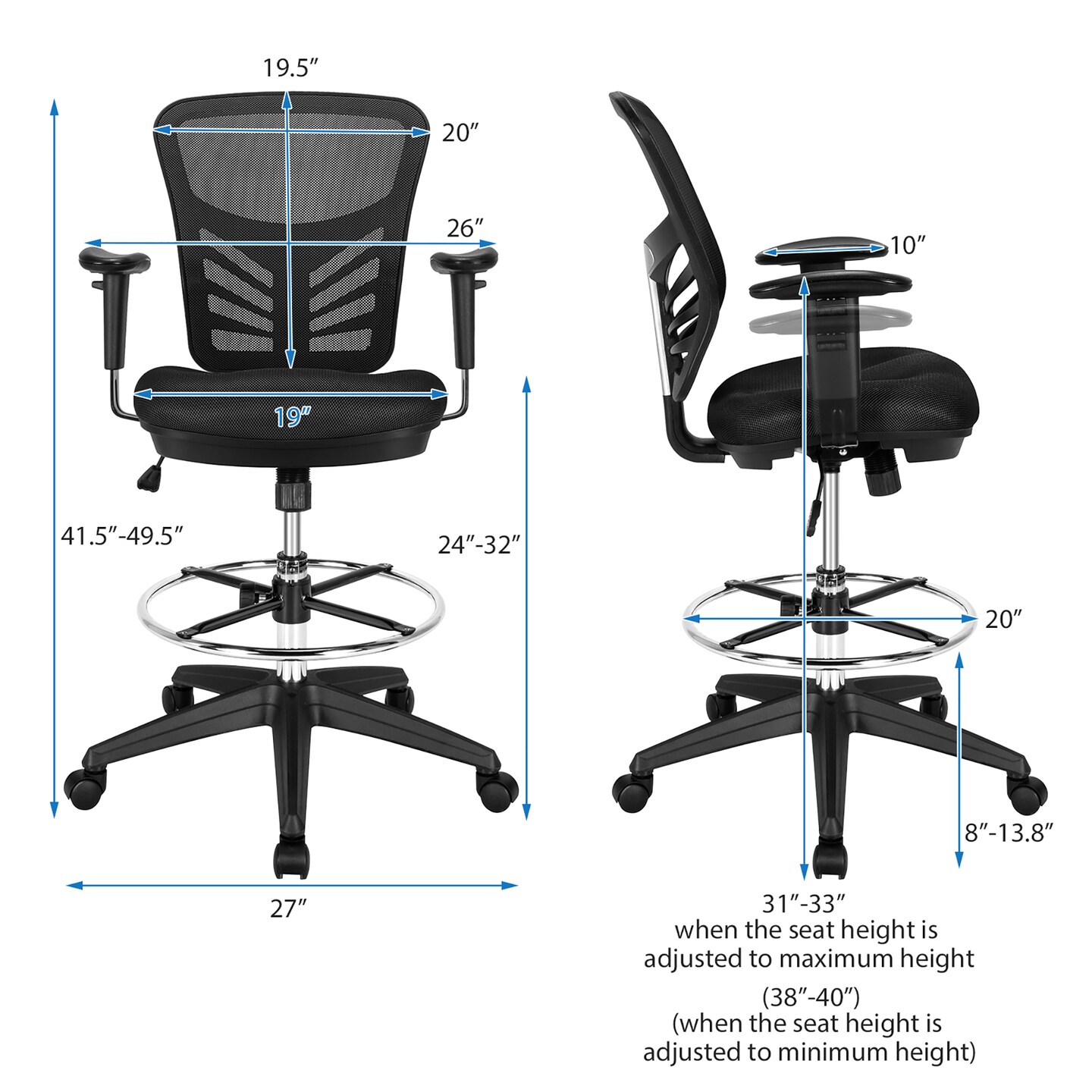 Costway Mesh Drafting Chair Office Chair w/Adjustable Armrests &#x26; Foot-Ring