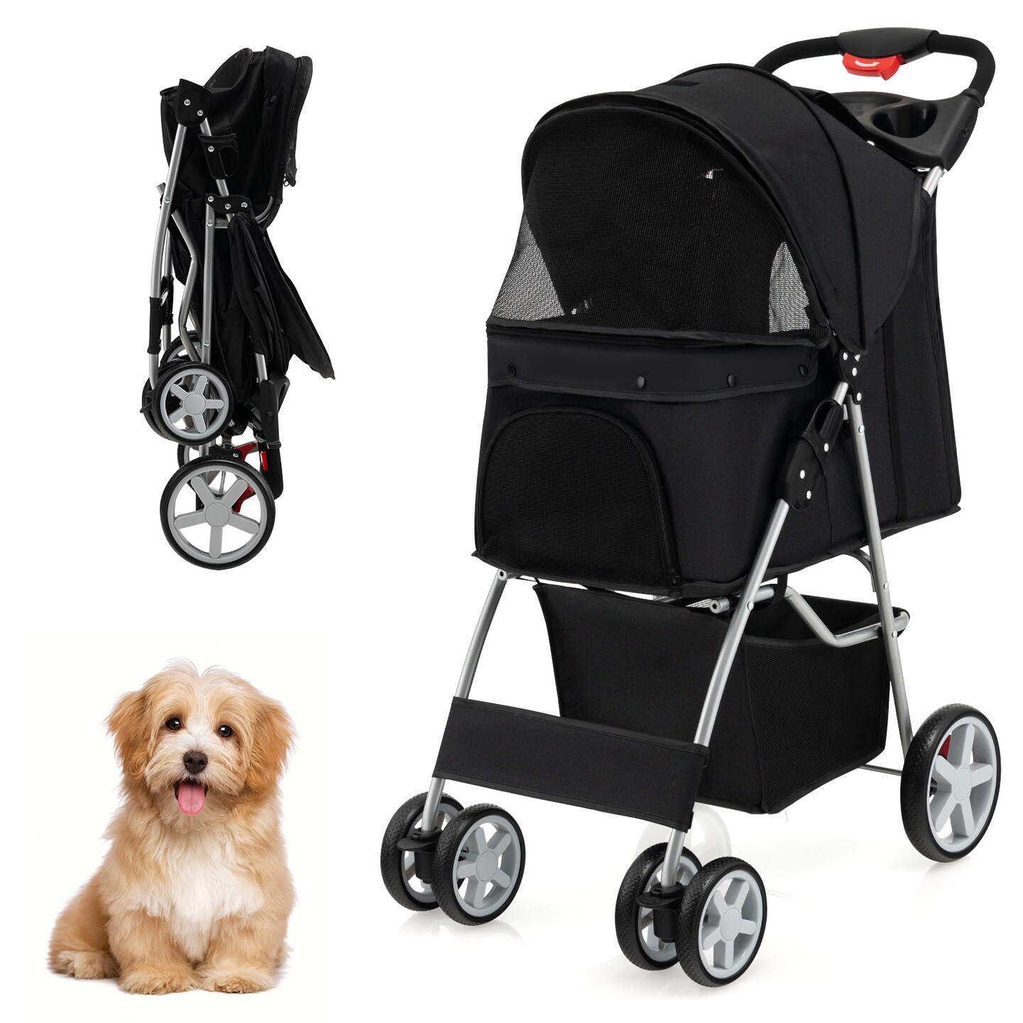 Folding Pet Stroller with Storage Basket and Adjustable Canopy