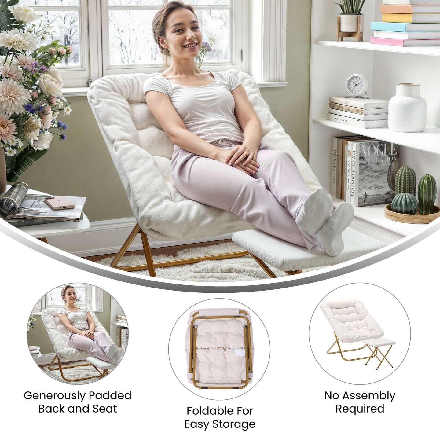 Emma and Oliver Aisling Oversized Folding Saucer Chair and Ottoman for Dorm, Bedroom