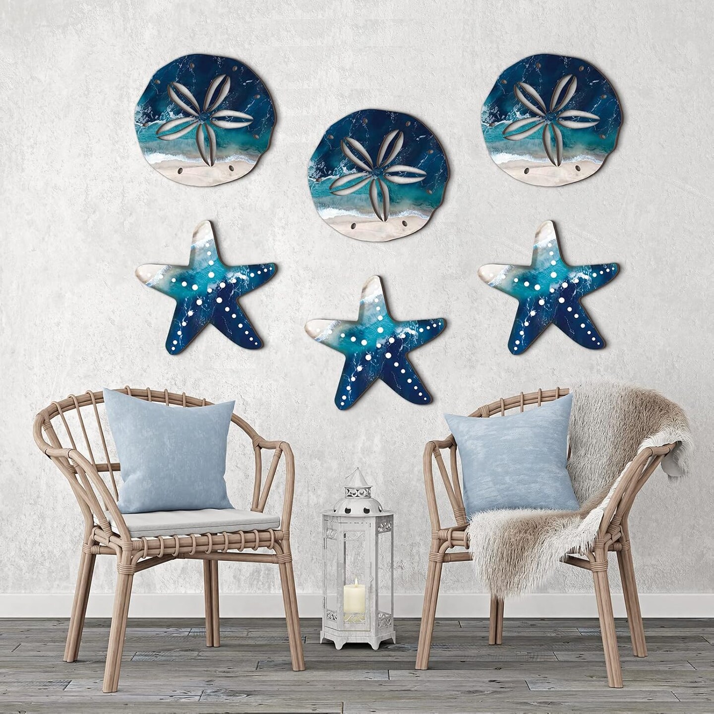 6 pcs&#xA0;of wood coastal wall art, seashell wall decor, wooden nautical bathroom decor, hanging sea farmhouse rustic wall decorations for indoor and outdoor use, blue (starfish).