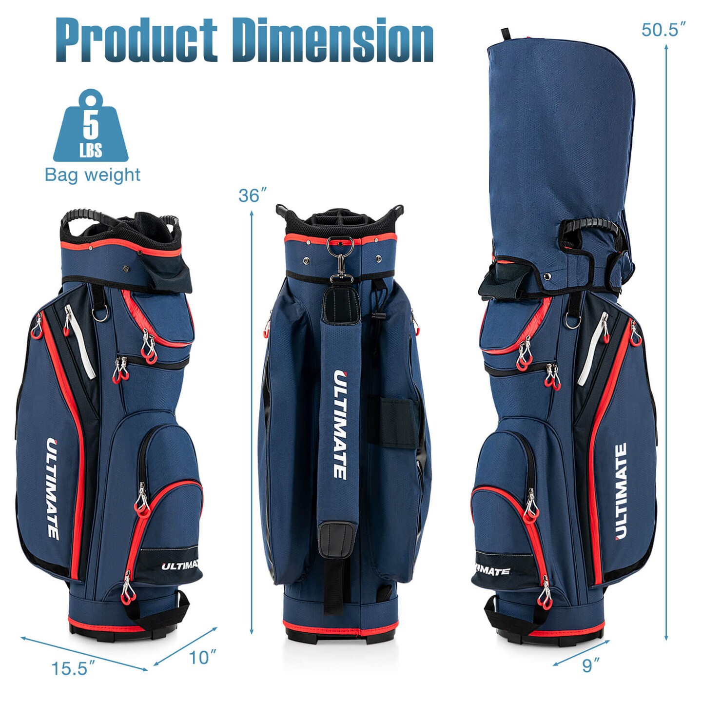 9.5 Inch Golf Cart Bag with 14 Way Full-Length Dividers Top Organizer
