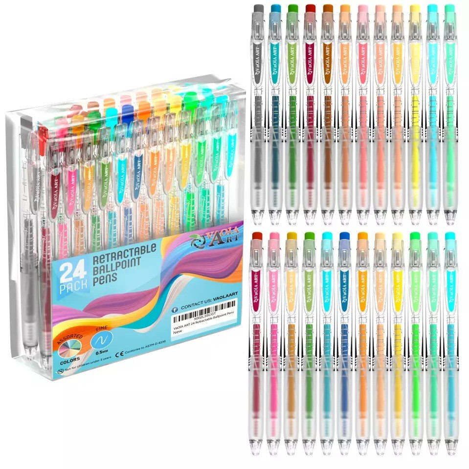 Retractable Gel Pens - Colored Pens for Adult Coloring - Cute Pen Set 24 Colors