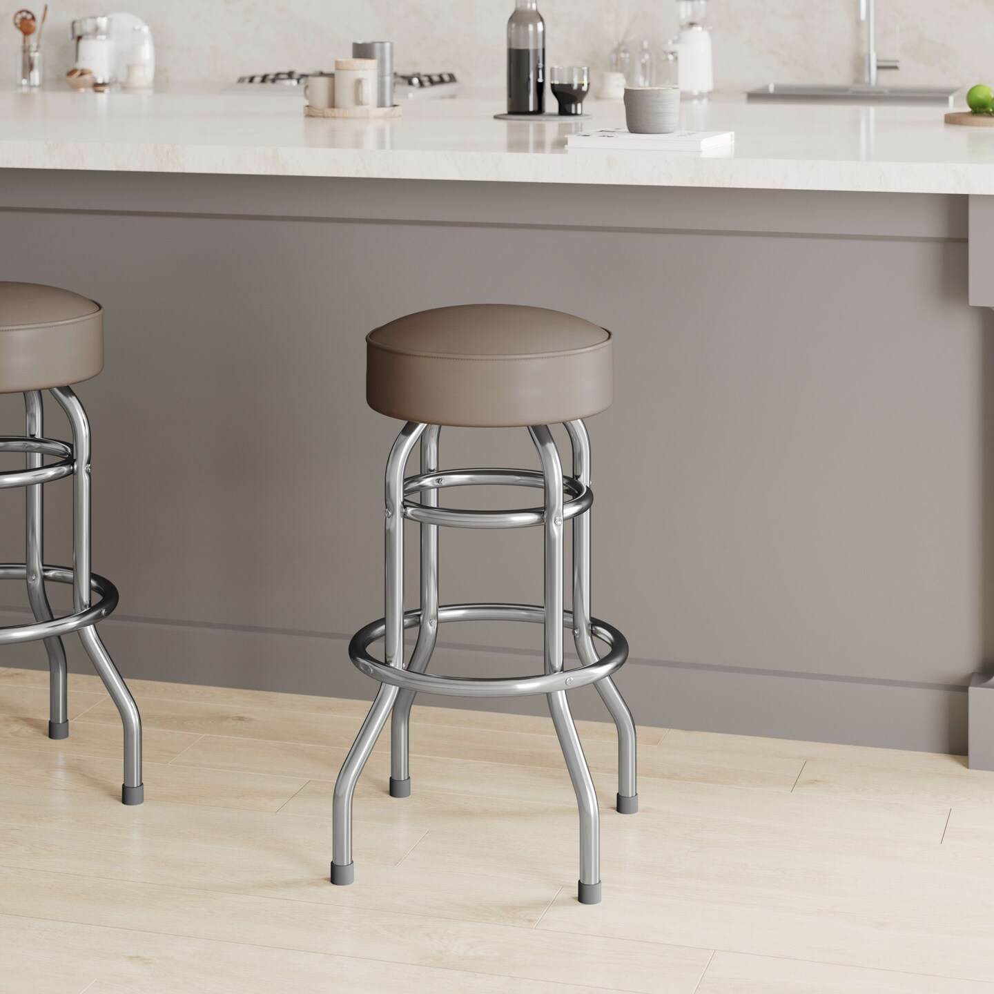 Emma and Oliver Retro Backless Double Ring Chrome Restaurant Dining Barstool