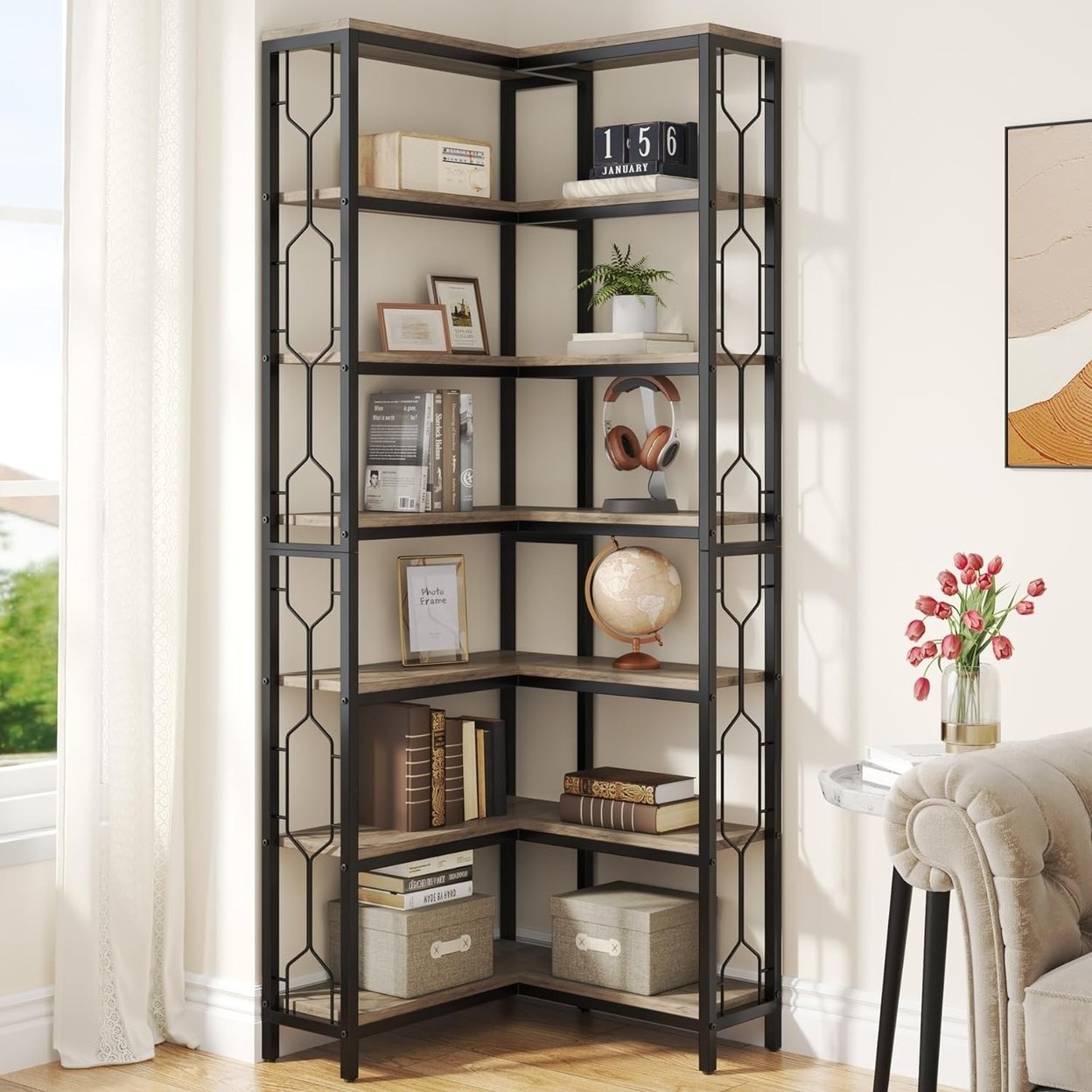 Tribesigns 7-Tier Industrial Corner Shelf Wood Metal Corner Bookcase Etagere