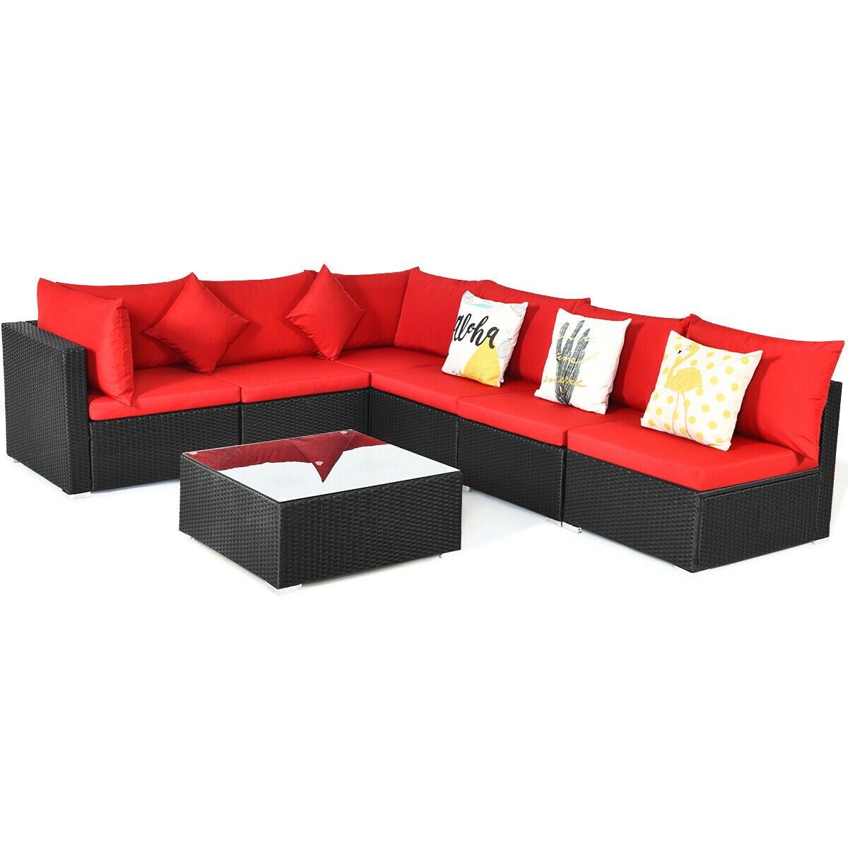 7 Pieces Sectional Wicker Furniture Sofa Set With Tempered Glass Top