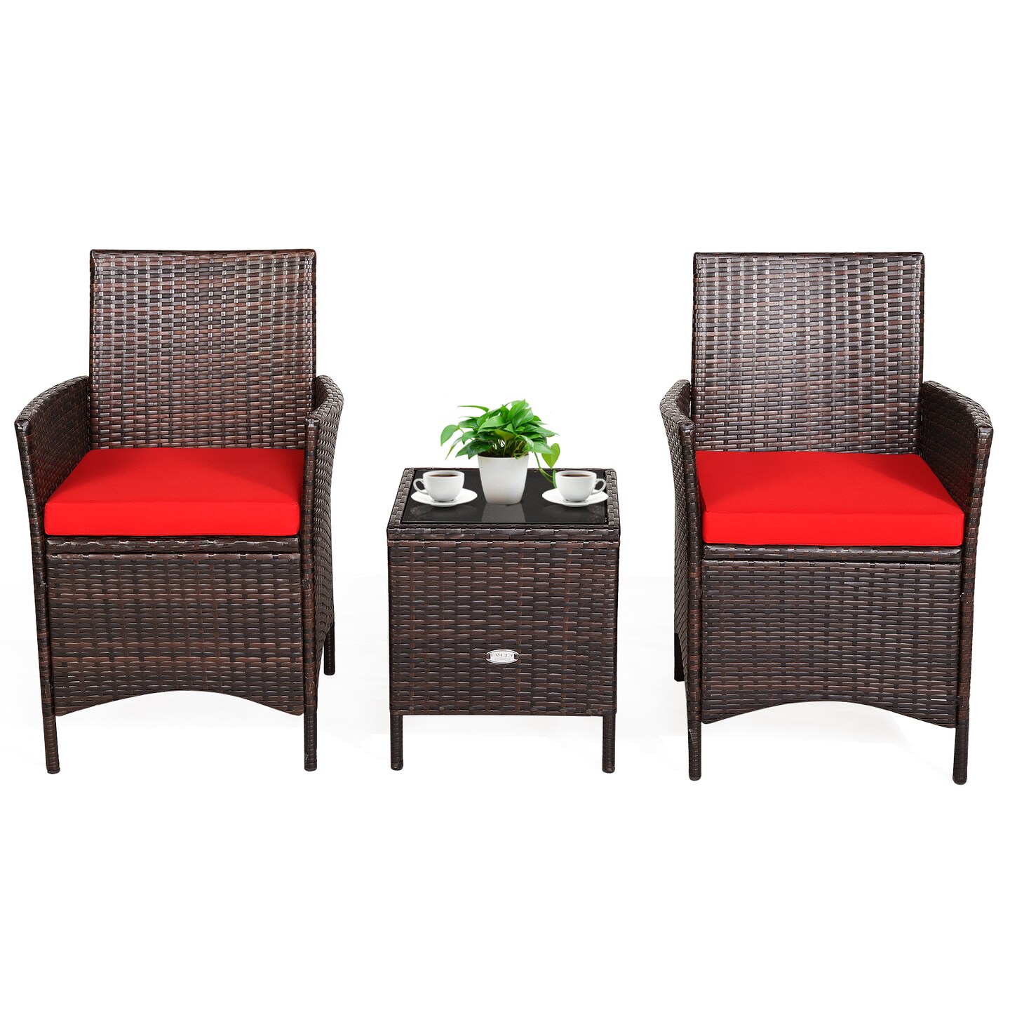 3 Pieces Patio Rattan Furniture Set Cushioned Sofa and Glass Tabletop Deck