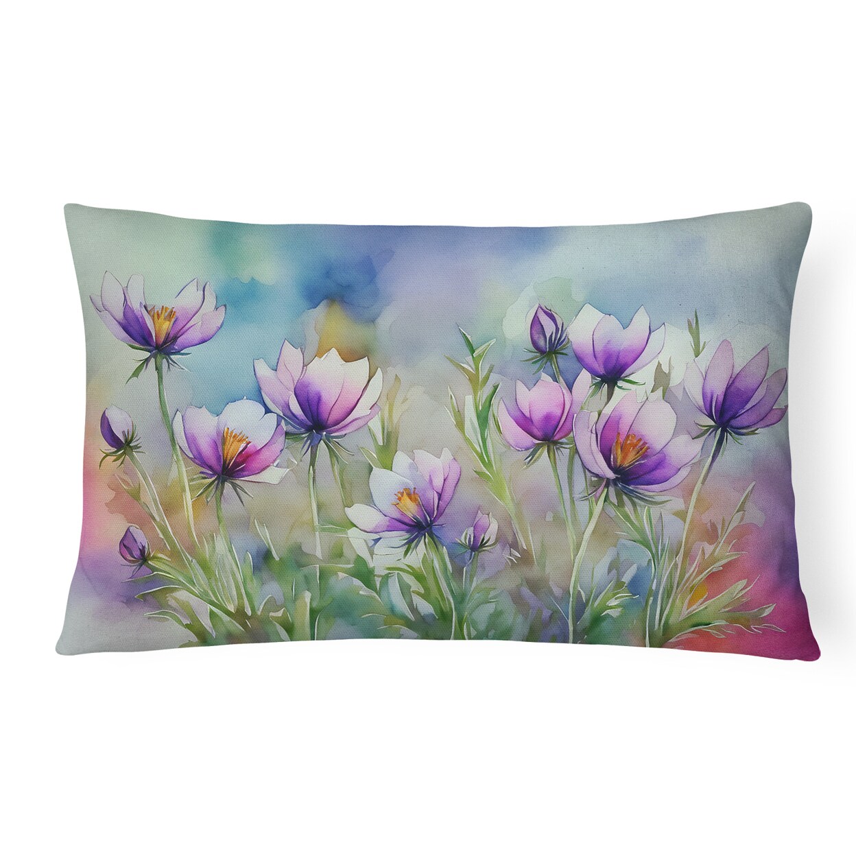 Caroline&#x27;s Treasures South Dakota Pasque Flowers in Watercolor Fabric Decorative Pillow