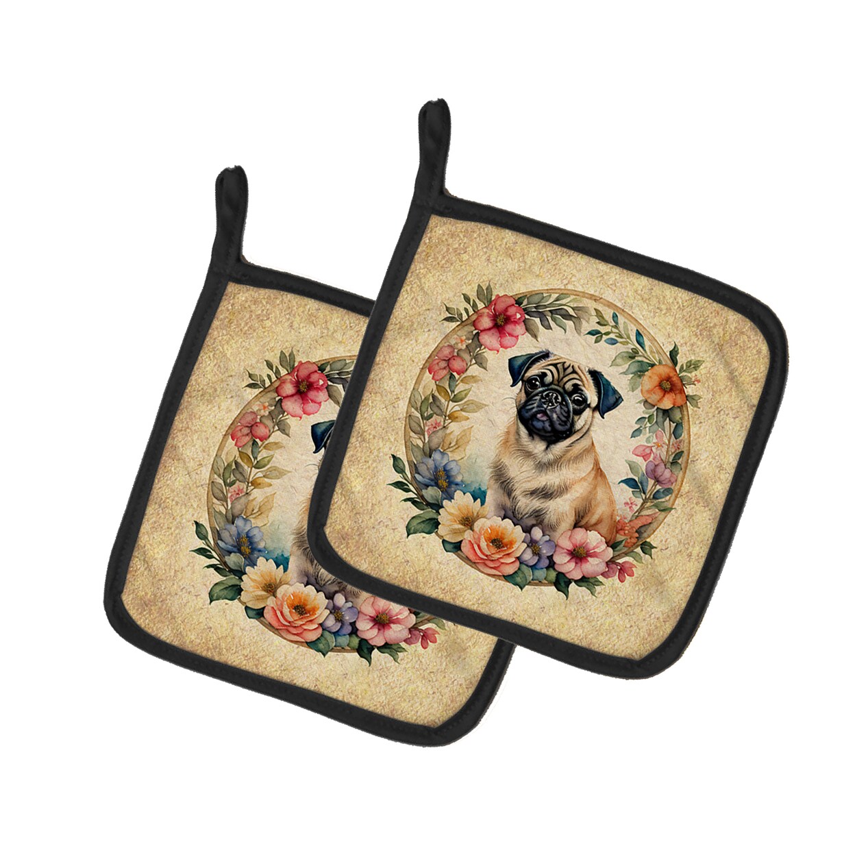 Caroline&#x27;s Treasures Fawn Pug and Flowers Pair of Pot Holders