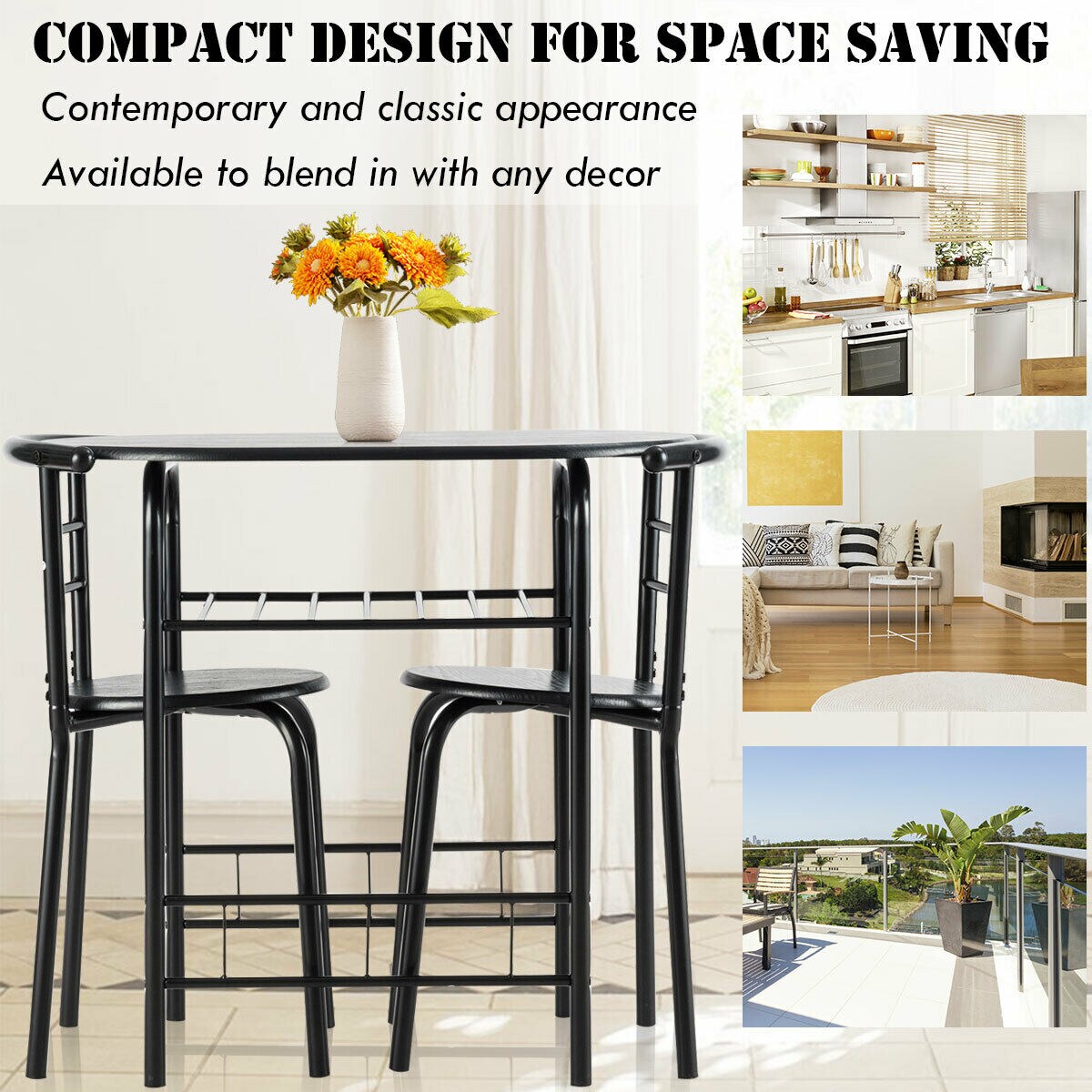 3-Piece Space-Saving Bistro Set with Wine Rack and Painted Steel Frame