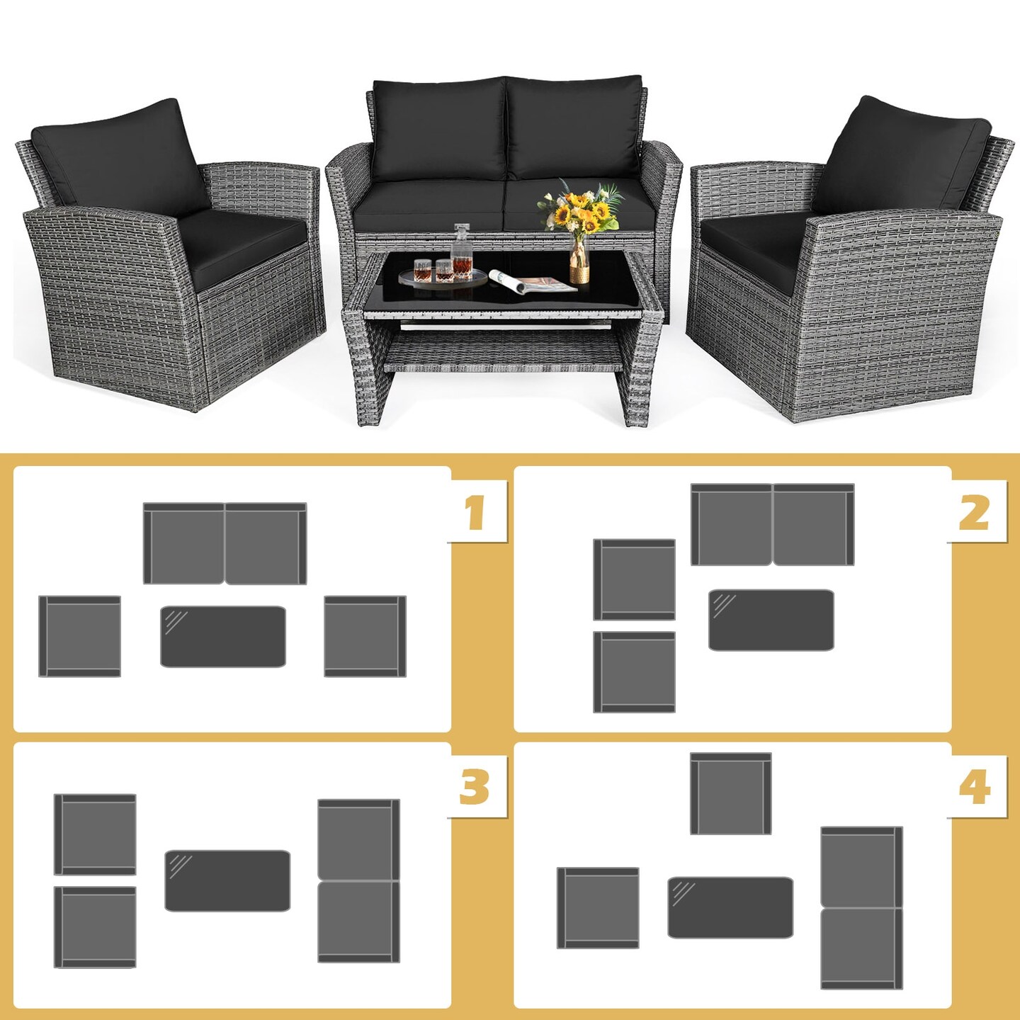 4 Pieces Patio Rattan Furniture Set Sofa Table with Storage Shelf Cushion