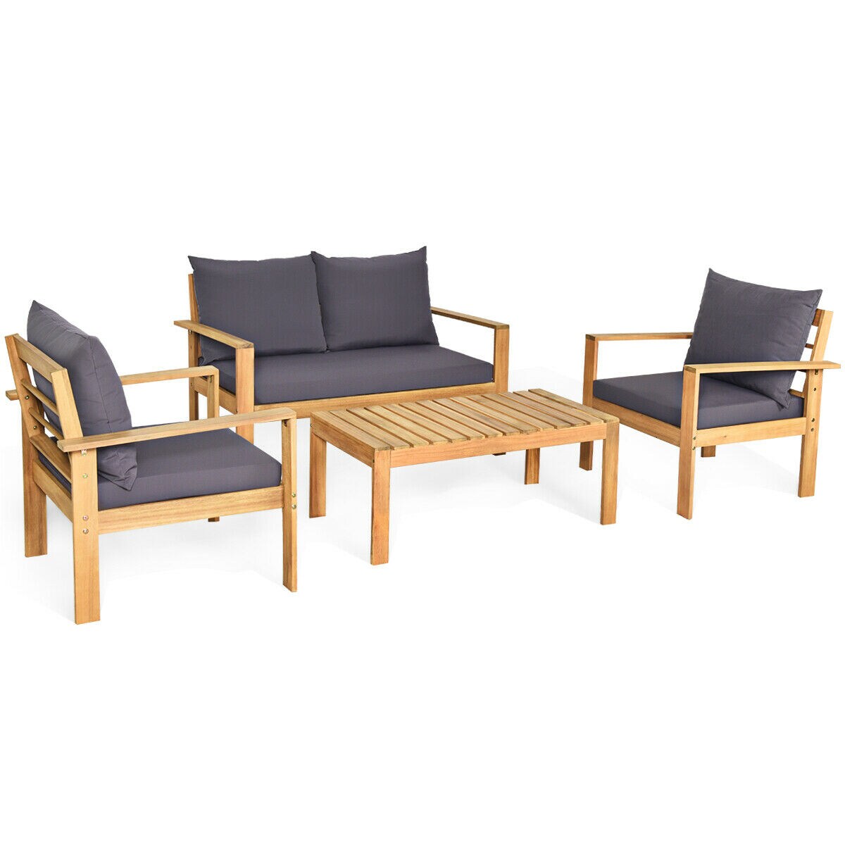 4 Piece Outdoor Acacia Wood Chat Set with Removable Cushions and Table