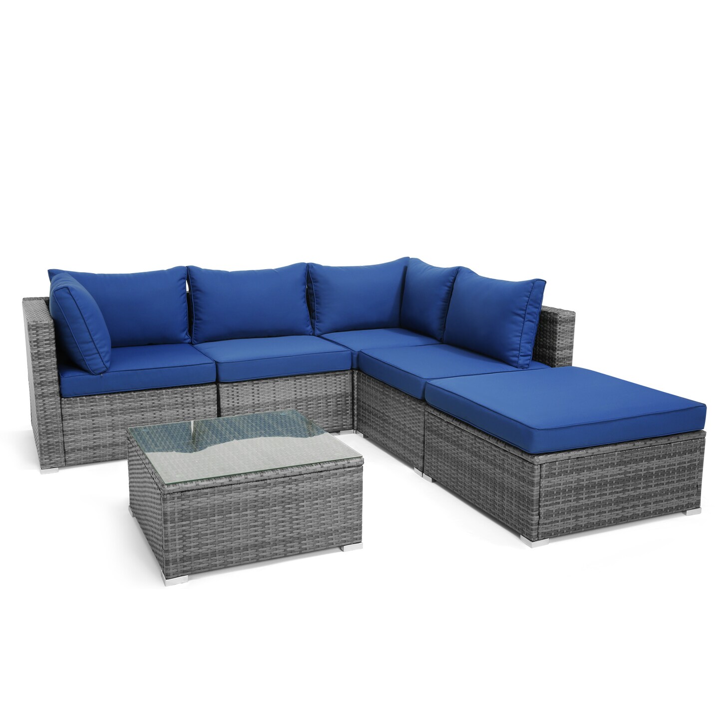 6 Pieces Outdoor Rattan Sofa Set with Seat and Back Cushions-Navy